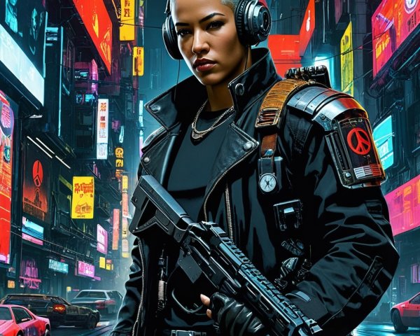 Cyberpunk Cityscape with Confident Female Figure
