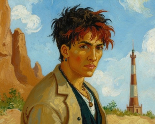 Young man with tousled hair and lighthouse backdrop