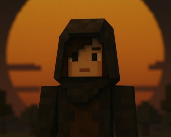Pixelated Character at Sunset in Blocky World
