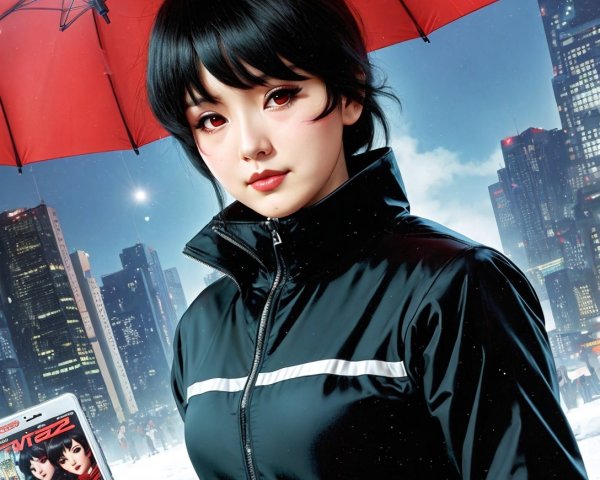 Photorealistic Portrait of Anime Girl in Snowy Urban Scene