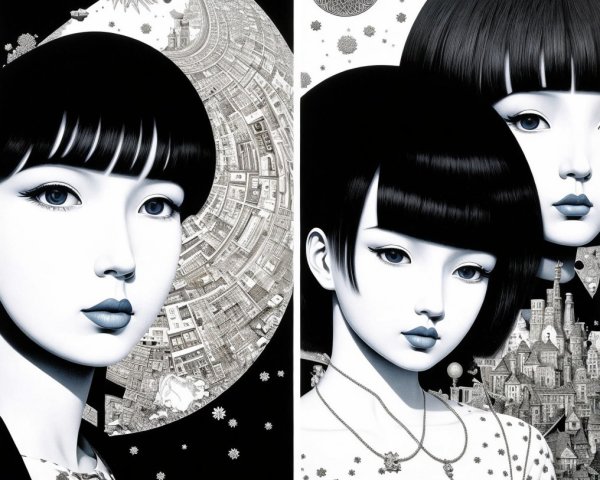 Three Stylized Female Figures in Surreal Artwork