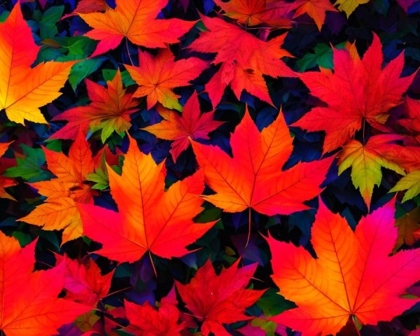 Vibrant Autumn Leaves in Fiery Colors and Shapes
