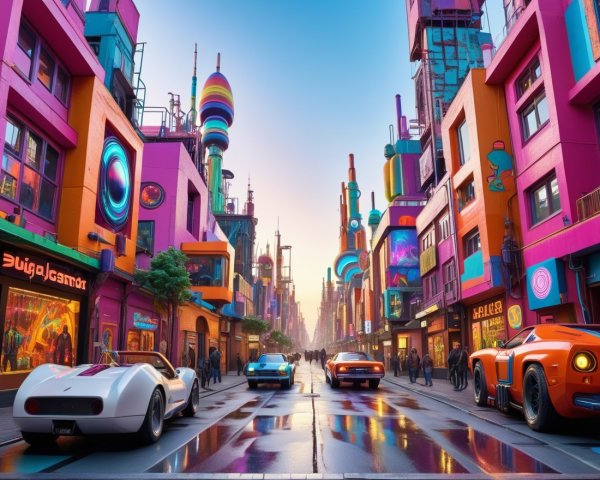 Futuristic Cityscape with Neon Skyscrapers and Art