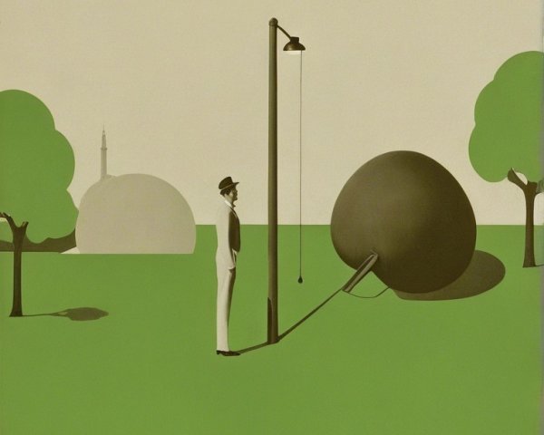 Minimalist Scene with Figure and Surreal Landscape