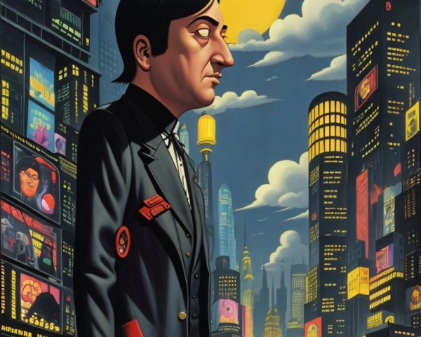 Tall Figure in Black Suit in Neon Cityscape