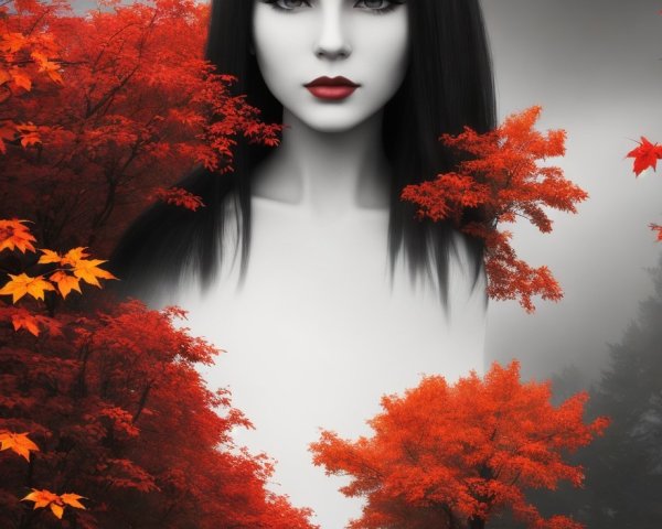 Ethereal Doll in Misty Autumn Landscape