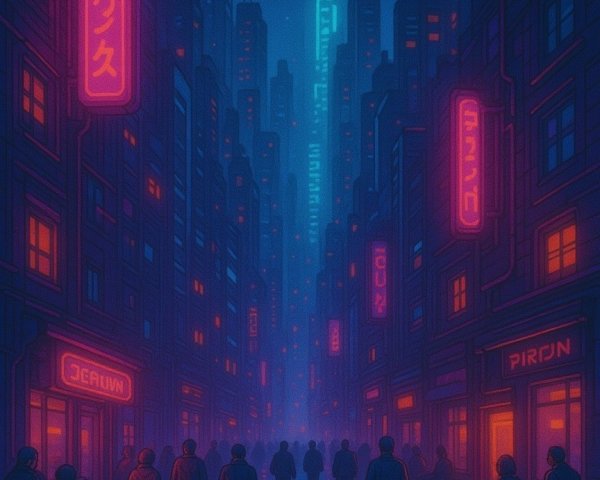Neon-Lit Urban Alleyway with Skyscrapers and Mist