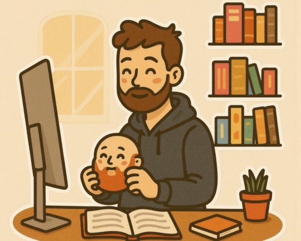 Cheerful man with toy head in cozy study setting