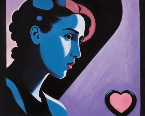 Stylized blue-toned woman profile with purple background