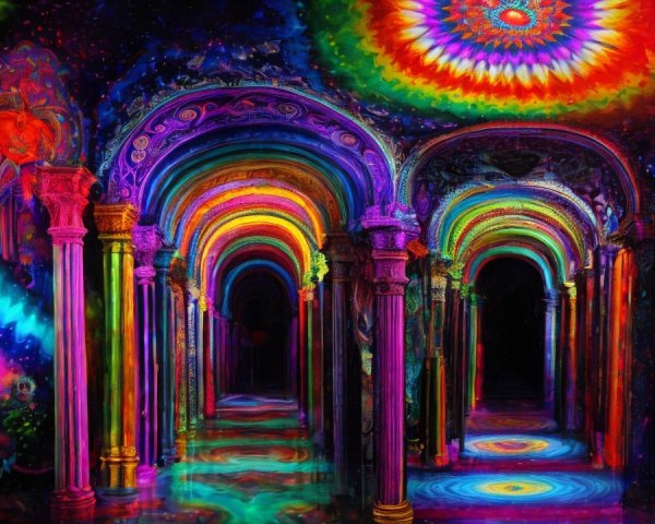 Vibrant Surreal Scene with Colorful Arches and Patterns
