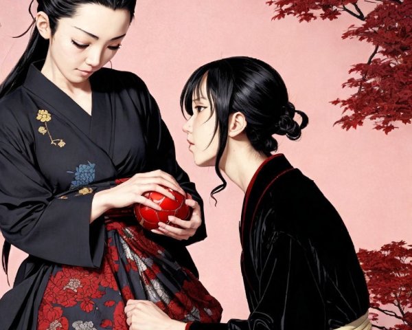 Elegant Figures in Traditional Japanese Attire with Maple Leaves