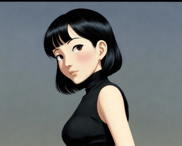 Young woman with black bob hairstyle and fitted top