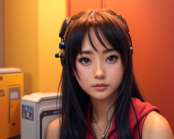 Young woman with headphones in cozy studio setting