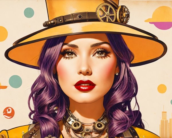 Stylish woman with purple hair and steampunk hat