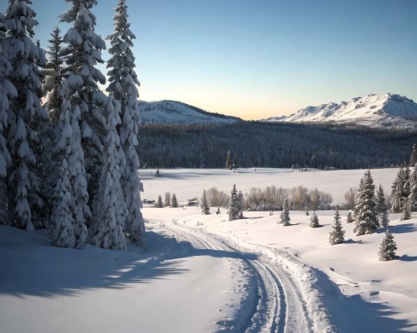 Winter Wonderland with Snowy Trees and Mountains