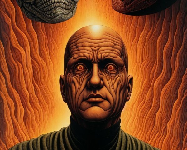 Intense Figure with Skulls and Fiery Background