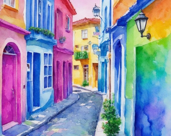 Colorful Alleyway with Watercolor Houses and Flowers