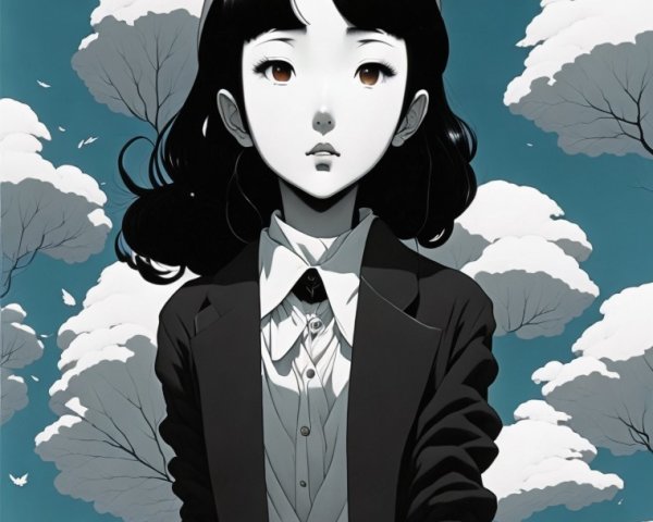 Young girl in dark blazer amidst clouds and leaves
