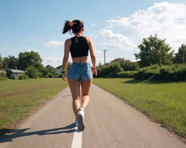 Young woman walking on sunny path in casual attire