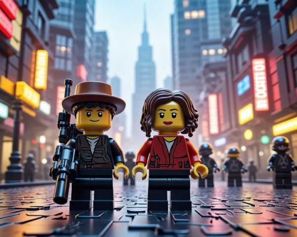 Lego Characters in Neon Cityscape on Rainy Street