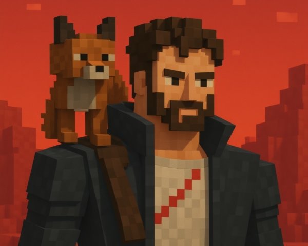 Voxel-Style Character in Fiery Red Landscape