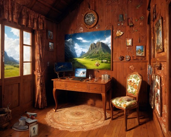 Cozy Wooden Room with Mountain View and Stylish Decor