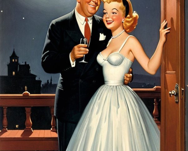 Stylish Couple on Balcony Under Glowing Moonlight