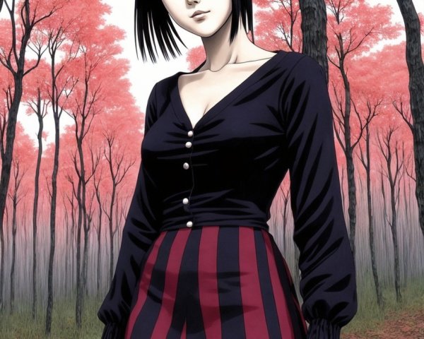 Young woman in a vibrant pink tree forest setting
