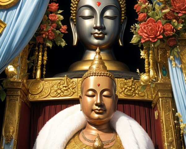 Serene Buddhist Altar with Two Majestic Buddha Statues