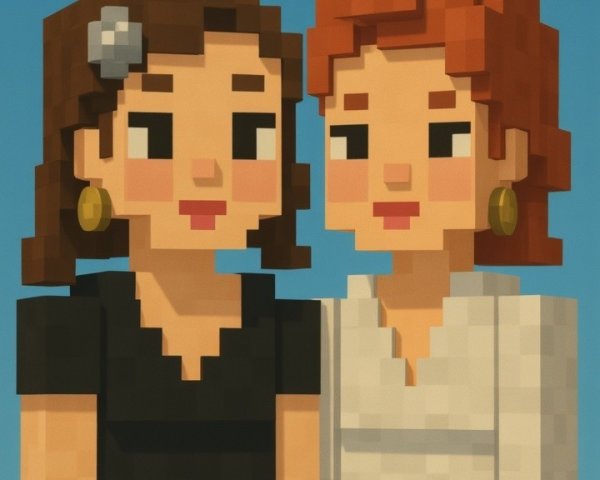 Pixelated Female Characters with Bright Sky Background