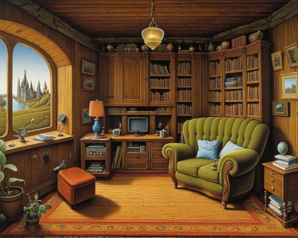 Cozy wood-paneled room with bookshelves and sofa
