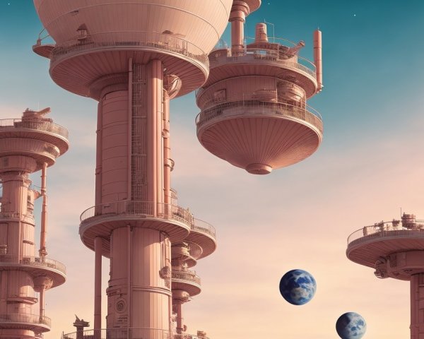 Futuristic landscape with dome-shaped structures and planets