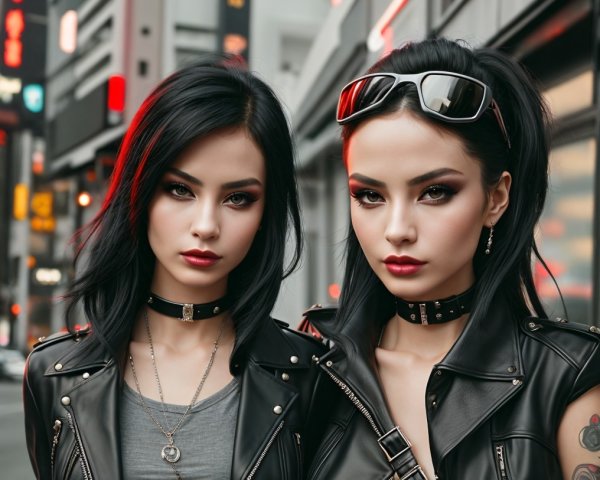 Stylish Young Women in Urban Setting with Neon Lights