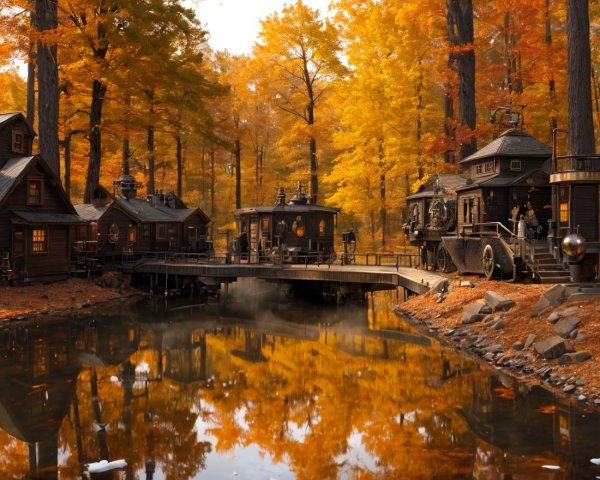 Charming Wooden Houses by a Serene Autumn Pond