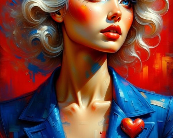 Portrait of a Woman in Blue Blazer Against Red Background