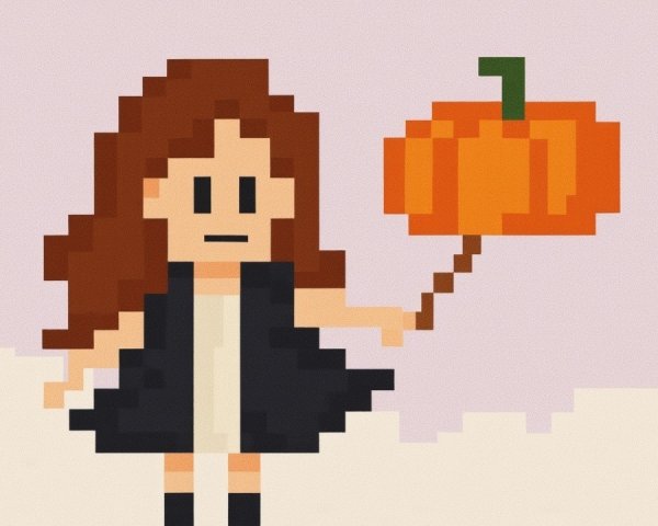 Pixel Art Character with Pumpkin Against Pastel Background