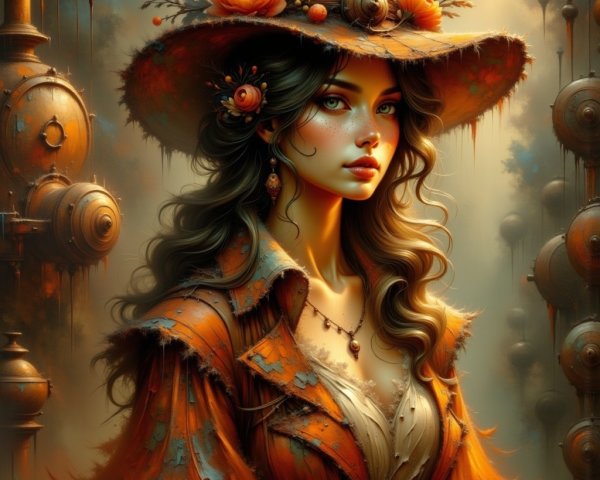 Woman in Elaborate Floral Hat with Steampunk Elements