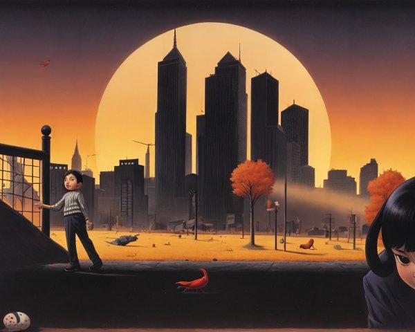Surreal Landscape with Child and Sunset Skyline