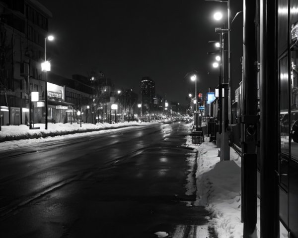 Deserted Nighttime City Street with Soft Street Lamp Glow