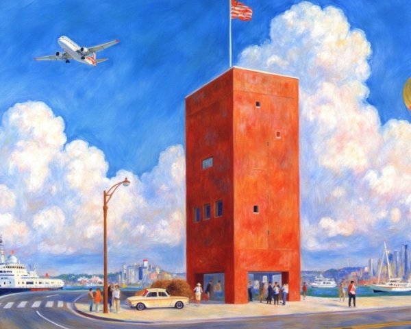 Vibrant coastal scene with red tower and yachts