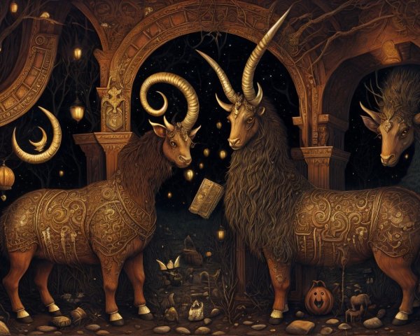 Ornate goats under a stone archway in a mystical scene