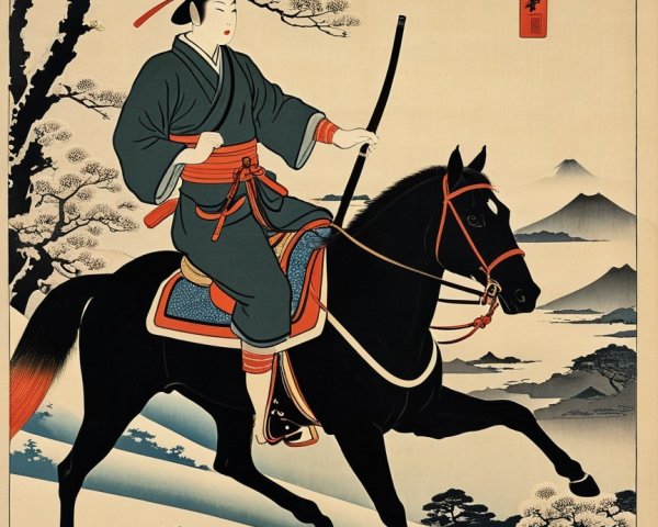 Traditional Japanese Woodblock Print of Woman on Horse