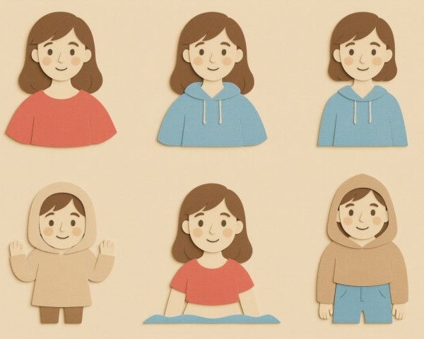 Illustration of a girl in various outfits and expressions