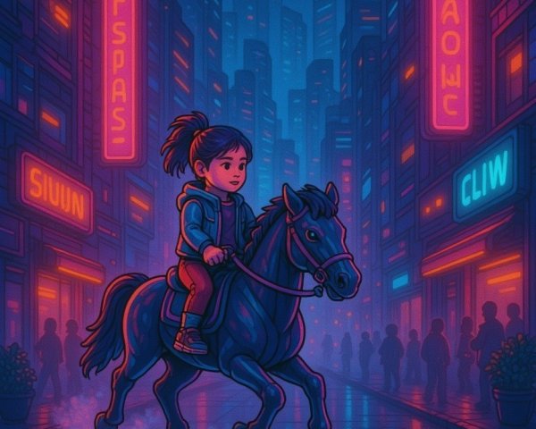 Young girl on black horse in neon-lit city street