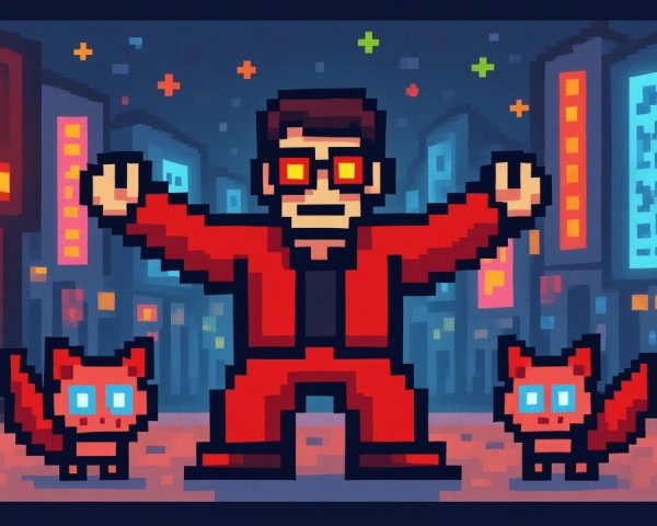 Pixel Art Urban Scene with Colorful Nightlife Elements