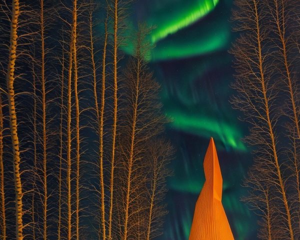 Wooden Structure Under Northern Lights in Snowy Landscape