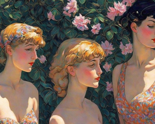 Elegant Women Amidst Blooming Flowers in Spring Colors