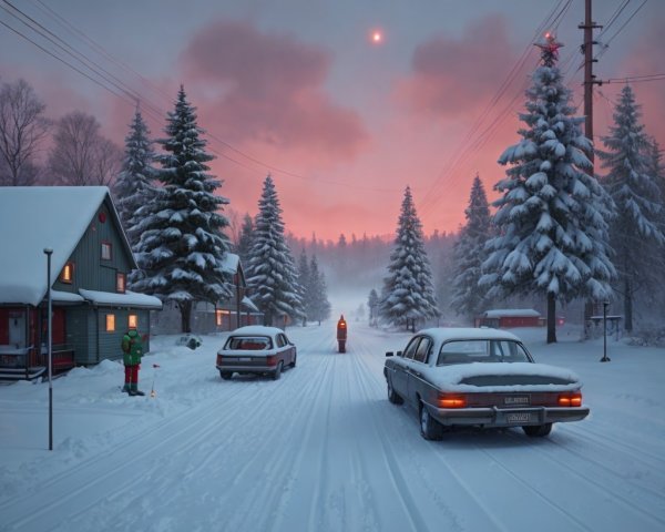 Snowy Village Scene at Sunset with Cozy House