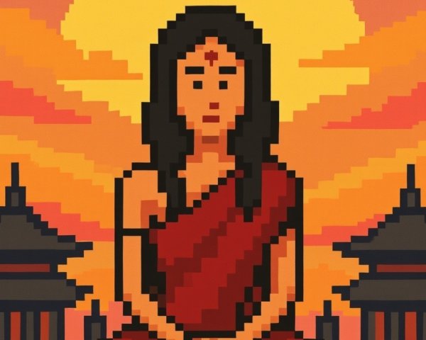 Pixel Art of a Meditating Figure at Sunset