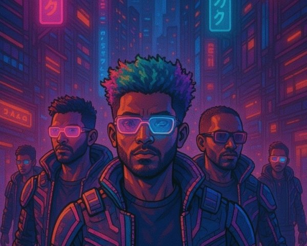 Cyberpunk Cityscape with Figures in Futuristic Attire